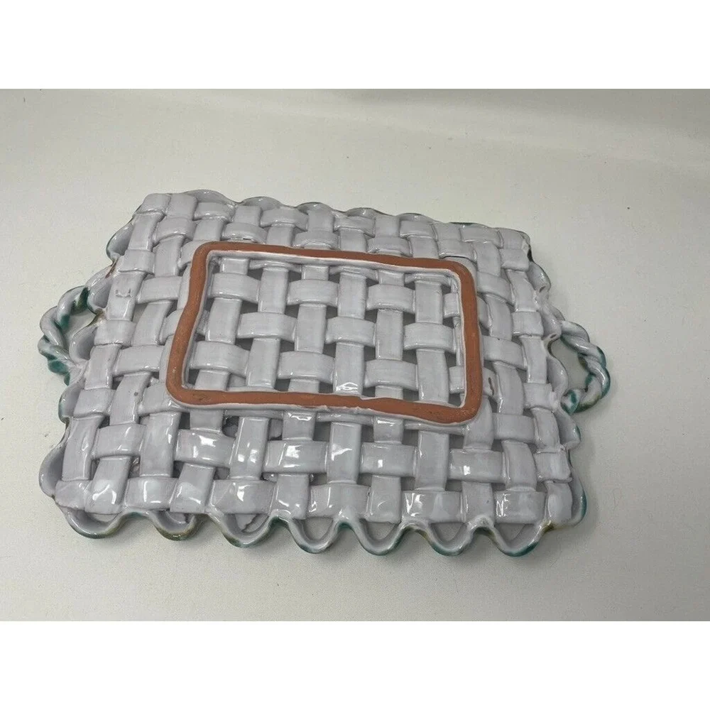 Vtg Italian Majolica Weave‎ Ceramic Decorative Tray Floral